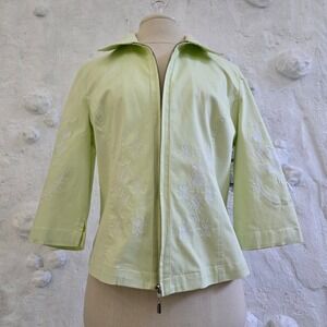 Christine Phillipe Limage Green Embroidered Zip Up Jacket Size 12 3/4 Sleeve